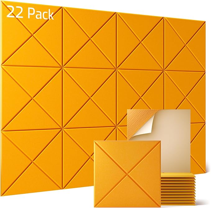 Sonicism 22 Pack X-Lined Acoustic Panels with Self-Adhesive, 12"X 12"X 0.4" Sound Proof Foam Panels, Decorative Soundproof Wall Panels, Sound Absorbing Tile for Home & Offices, Orange Yellow by Sonicism