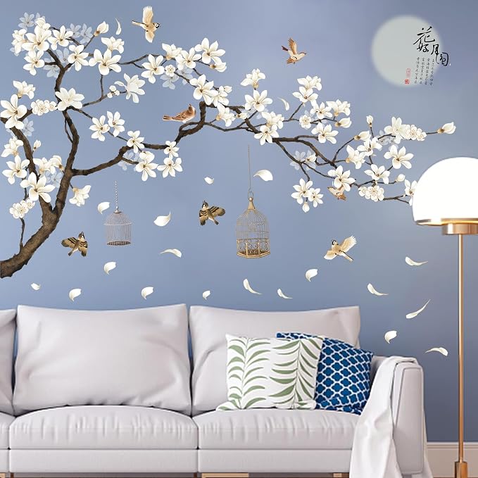 Large Chinese Style White Flowers Wall Stickers with Black Tree Flying Birds Wall Decals, Removable DIY Wall Art Decor Murals for Offices Living Room Bedroom Study Room Home Walls Decoration, 50x74in - Image 8