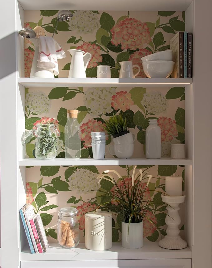 Floral Peel and Stick Wallpaper Self Adhesive Hydrangea Wall Paper French Country Cream Stick on Wallpaper for Bedroom Wall Decor Elegant Mural (Blush Hydrangea, 472.44“ X 17.4") - Image 7
