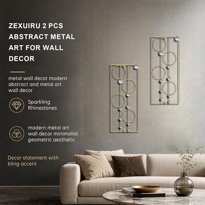 ZEXUIRU 2 Pcs. Abstract Metal Art for Wall Decor Living Room Bedroom Bathroom Office Metal Bling Modern Geometric Hanging Vertical Small Iron Sculpture Plaque Pack -Gold 24in - Image 3