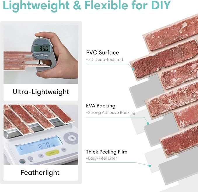 Commomy 3D Faux Brick Wall Panels - Ultra Thin PVC 10pcs 15.74" x 11.8" | Peel and Stick Brick Wall Covering for Quick DIY Interior Wall Decor,Not Real Brick (12.92 sq.ft) - Image 4