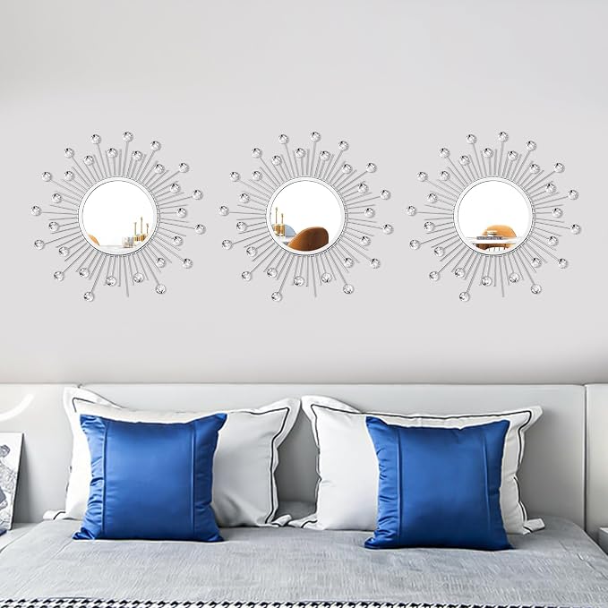 3 Pack Metal Mirrors for Wall Sunburst Wall Mirrors Home Décor Decorative Hanging Wall Art for Living Room Bedroom Entryway (Silver Crystal, Sunburst) - Image 4