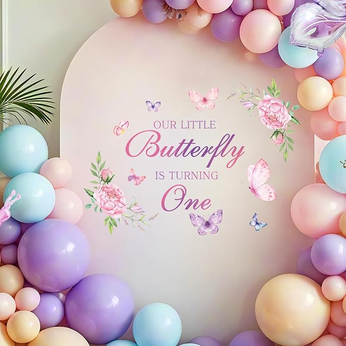 LHIUEM Butterfly First Birthday Decals Purple Our Little Butterfly is Turning One Inspiration Wall Signs Pink Floral Baby Girl Fairy Happy Birthday Party Stickers Supplies for Balloon Arch Background - Image 6