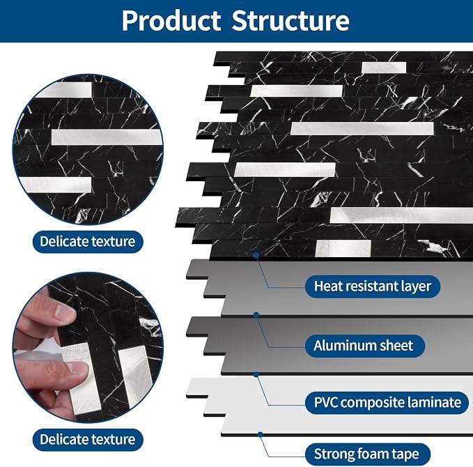 Yipscazo 10 Sheets Peel and Stick Stone Metal Tile Backsplash, Stick on Tiles for Backsplash Kitchen, Bathroom, Laundry Room, Camper, Fireplace (12'' X 12'', Pure Black) - Image 6