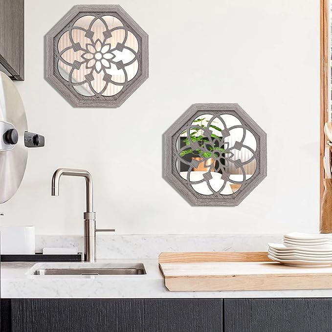 ZOLAPI 2 PCS Octagon Wall-Mounted Mirrors,Vintage Farmhouse Mirror for Wall Decor,Barn Wood Color Decorative Accent Mirror for Foyer, Bathroom, Bedroom. (12”x12”) - Image 4