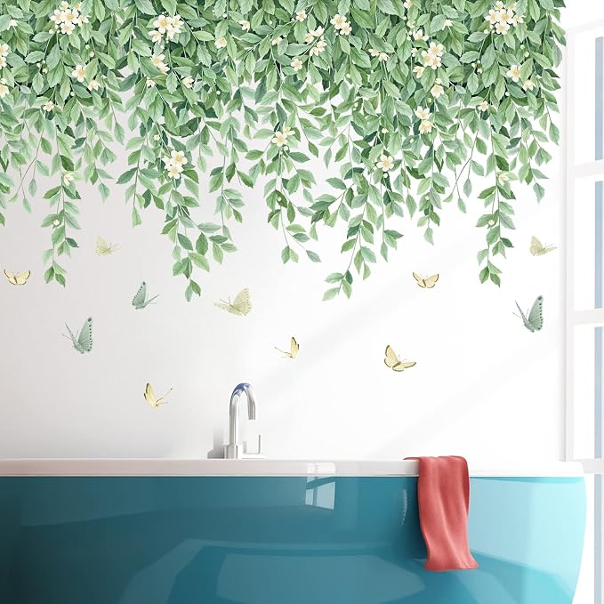 White Flowers Wall Decals Hanging Green Leaves Wall Stickers Butterflies Plants DIY Art Mural Decortions for Kids Baby Girls Bedroom Living Room Offices Nursery Classroom Closet Ceiling Vertex Line (A) - Image 5