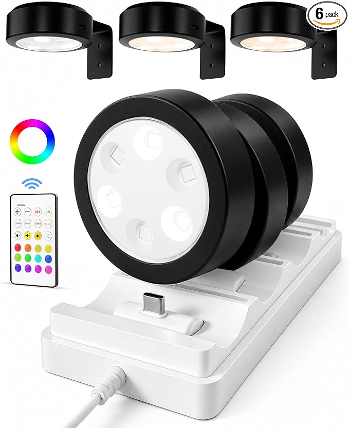 EZVALO Picture Lights for Wall, Rechargeable Battery Magnetic Poster Lights with 3 Color Temps & 12 RGB, Remote Dimmable Timer Light, Wall Decor Light for Art Display (6 Pack with Charging Station) by EZVALO