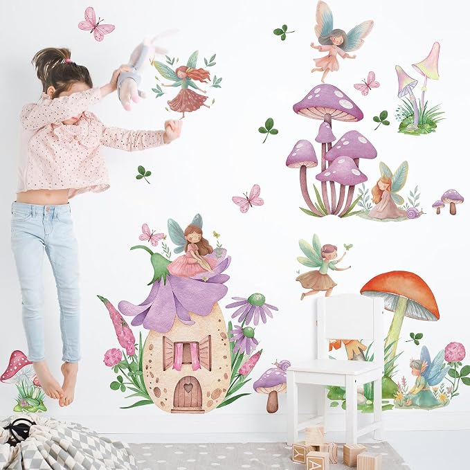LHIUEM Girls Fairy Wall Decals Butterfly Wall Stickers 39pcs Flowers Wall Decal for Girls Room Removable Vinyl Decals Dacing Girl Mushroom Wallpaper Forest Fairy Girl Wall Sticker for Bedroom Nursery by LHIUEM