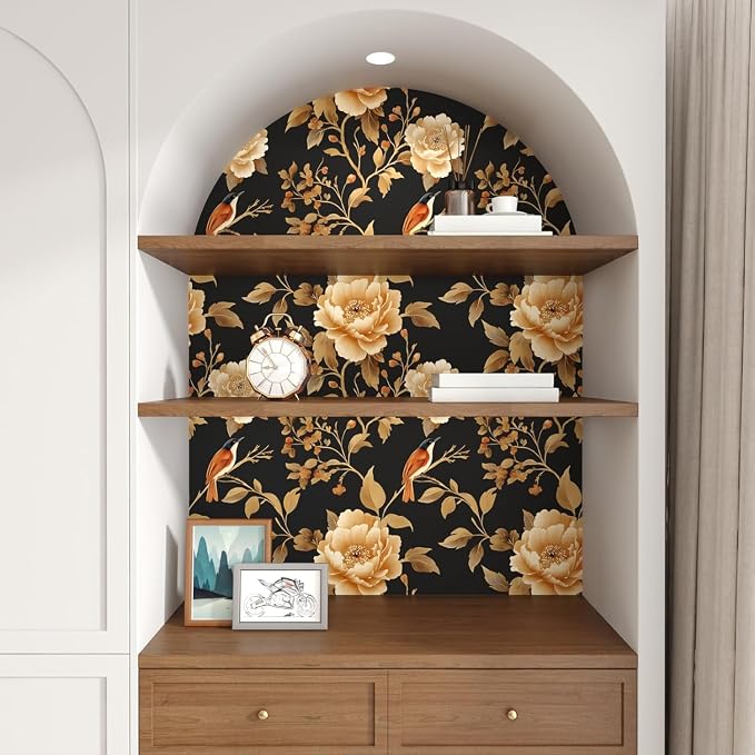 Laatse Dark Floral Bird Wallpaper Peel and Stick 17.5"x 118",Black/Golden | Self Adhesive/Removable/Waterproof/Thick Vinyl Contact Paper for Bathroom Bedroom Shelf Cabinet Drawer,Prepasted,Easy Peel - Image 7