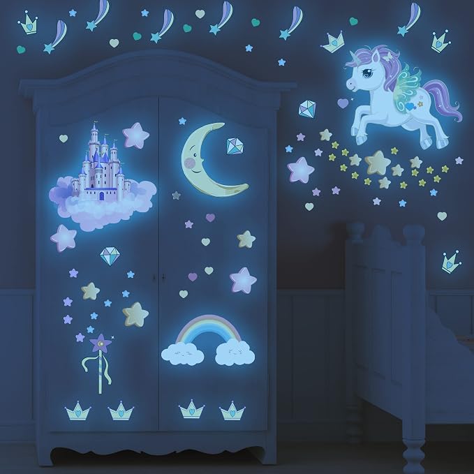 Glow in The Dark Stars and Unicorn Wall Decals, Glowing Castle Moon and Rainbow Stickers, 174 pcs Luminous Ceiling Decor for Kids Bedroom, Decoration for Girls and Boys Room (Blue) - Image 2