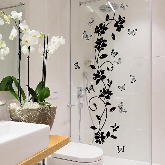 Black Flower Wall Stickers, Vines & Butterfly Wall Decals Peel and Stick | Removable Art Decoration for Bathroom Living Room Bedroom Door Murals by JIABEIUSHomelifebutler
