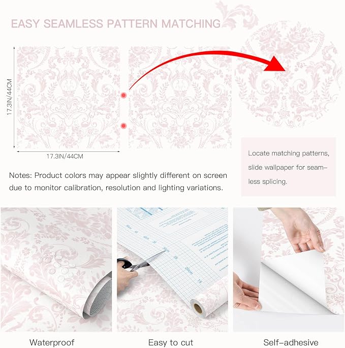 Peel and Stick Wallpaper for Bedroom Pink Damask Floral Self-Adhesive | 393"×17.3" White & Pink Vintage Scroll Removable Waterproof Vinyl Wall Decor for Bathroom, Nursery, Furniture Refinish - Image 9