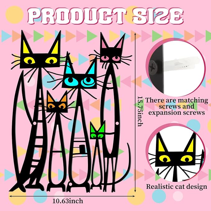 Wesiti Metal Cat Wall Art Decor 10.6x15.7 Inches Colorful Mid Century | Iron Sculpture with 5 Felines, Retro Pictures, Living Room Bedroom Kitchen Decor, Geometric Design, Lover Gift - Image 2