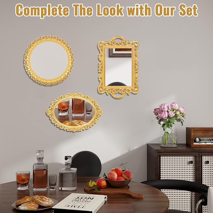 YEXEXINM 3 Styles Vintage Gold Mirror Set Decorative Antique Mirrors for Wall Hanging Vanity Table Mirrors with Stand Resin Frame Retro Mirror for Living Room, Bedroom, Dresser & Photography Decor - Image 6