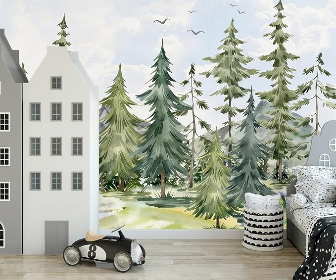 PYFFYP-Watercolor Cartoon Forest Pine Tree Peel and Stick Wallpaper Mural - Image 3