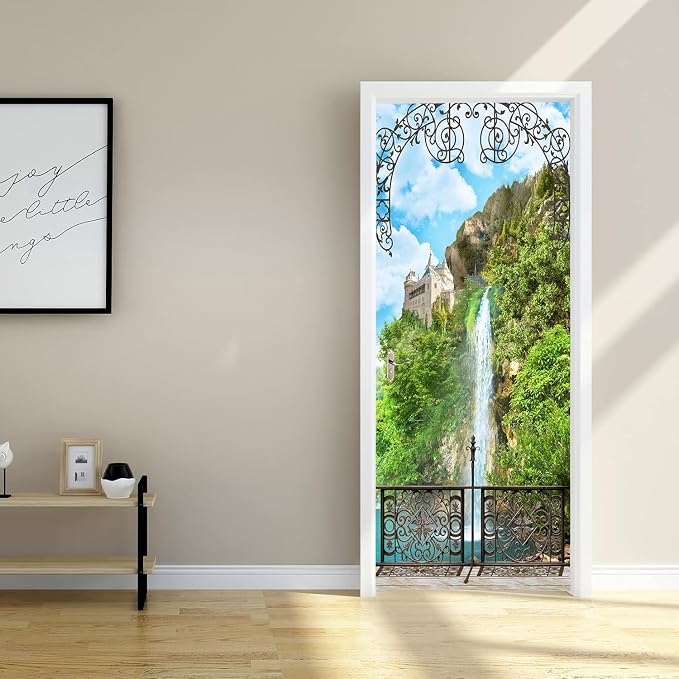 artfanke 3D Door Sticker Peel and Stick 30.3"x78.7" - Castle with Waterfall Self-Adhesive Door Murals Wallpaper Decal for Home Decor (2 Sheets/Set) - Image 3