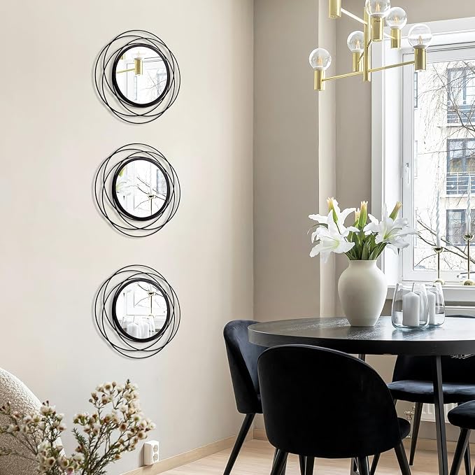 3 Set Round Mirrors for Wall Decor Living Room Bedroom Bathroom Dining Room Metal Circle Mirror Set Boho Decorative Sunburst Wall Art Accent Entryway - Black 9.5 in - Image 4
