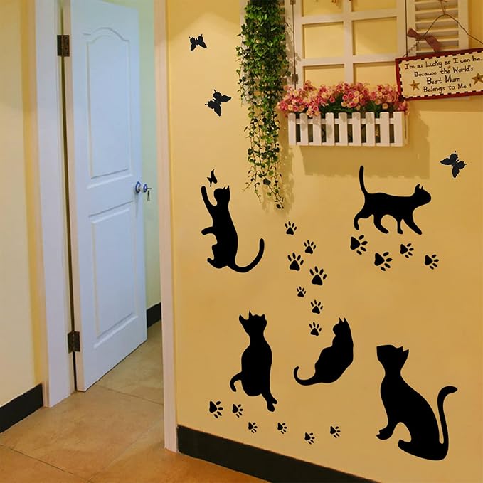 5 Pcs Black Cat Stickers Paw Patrol Party Wall Decal Butterfly Wall Decor, Removable Art Vinyl Door Decal Wallpaper for Family Bedroom Living Room Home Decorations - Image 3