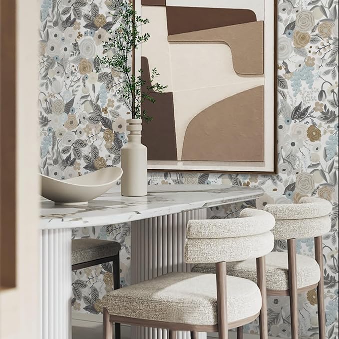 Ismoon Floral Peel and Stick Wallpaper Gray Contact Paper Vintage Removable Self-Adhesive Wallpaper Boho Watercolor Renovated Furniture for Cabinets Shelves Counter Tops Wall Decor Roll 17.3in x393in - Image 4