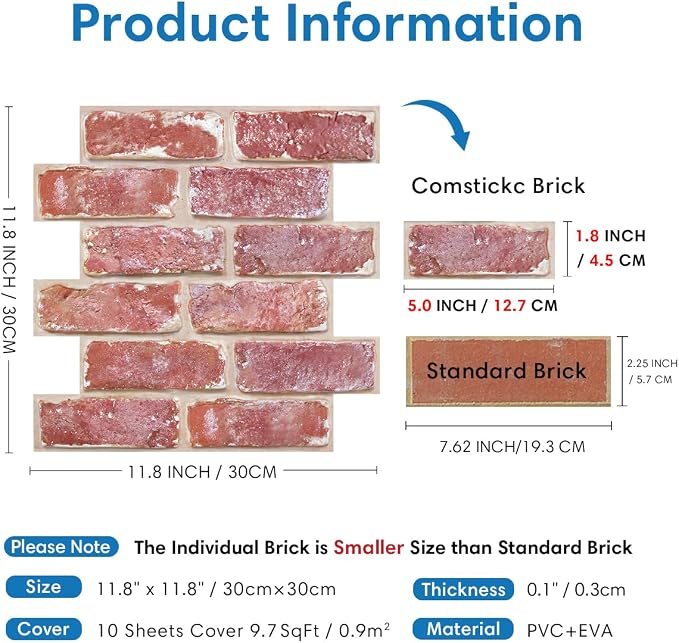 COMSTICKC 3D Peel and Stick Faux Brick Wall Panels for Quick DIY Wall Decor | 10 Pcs 11.8"x11.8", Not Real Brick, Small Size, Thin PVC Decorative Wall Sticker for Interior Wall Makeover, Cover 9.7 sq ft - Image 5