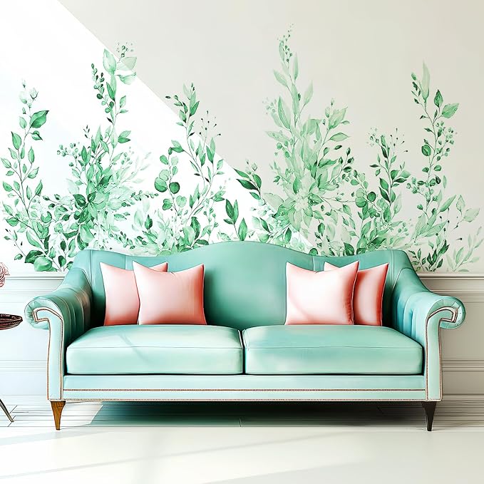 Mint Green Plants Leaves Wall Decals Peel and Stick, Large Floral Flowers Vinyl Wall Stickers, Removable Vine Home Decor Art for Bedroom Living Room Classroom Office - Image 3