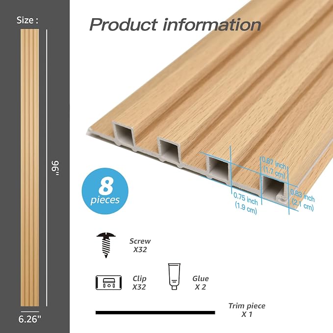 Art3d 96 x 6 in WPC Slat Wall Paneling for Interior Decor, 8-Pack, Oak | Fluted Design, Durable, Moisture Resistant, Cleanable, Easy to Install, Eco-Friendly, for Living Room, Bedroom or Office - Image 3
