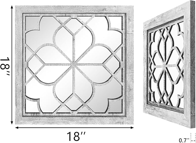 Set of 2 18 Inch Large Square Grey Window Pane Wall Mirrors, Shatterproof Rustic Farmhouse Boho Vintage Accent Mirrors for Living Room, Bedroom, Bathroom, Entryway & Home Decor - Image 2