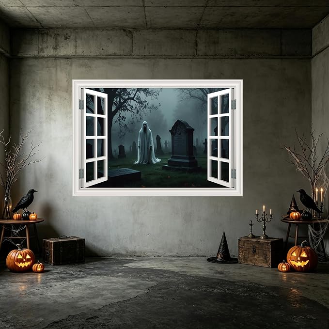 Halloween Fake Window Wall Decals Scary Cemetery Terror Art Poster Sticker | ｜Faux Window Terror Spooky Ghosts Mural ｜ Stick and Peel Wall Decal｜for Halloween Home Scene Decor｜48"x32",Set of 2 Sheets - Image 9