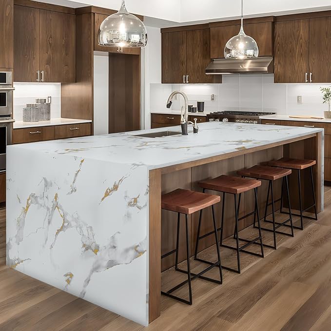 Marble Contact Paper Gold Extra Wide Peel and Stick for Kitchen Countertop | 23.6" x 118" Glossy White Granite Removable Wall Paper for Kitchen Countertop Cabinet Furniture - Image 7