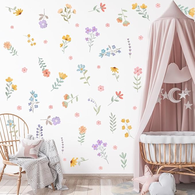 Boho Watercolor Flower Wall Decals - Removable Wildflower Art for Girls Bedroom, Nursery, Kids Room - DIY Cute Vinyl Murals Decorations - Image 3