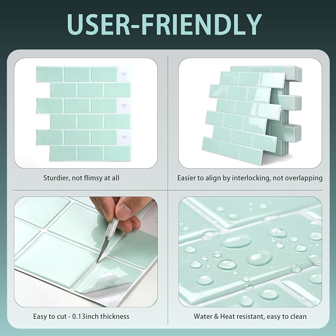 Arttown Peel and Stick 3D Wall Backsplash, 20-Sheet, 12" × 12" Aqua Green | Subway Tiles Self Adhesive Thicker Design Wall Tile Panel Wallpaper for Bathroom Balcony Kitchen - Image 6
