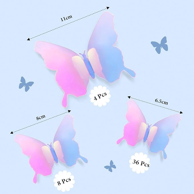 BBTO 48 Pcs 3D Butterfly Mirror Wall Decor,Transparency Colorful Pink | Butterfly Stickers,3 Sizes,for Birthday Party Cake,Room Nursery Bathroom Wall Decor,Removable Peel Stick,Reflective - Image 2
