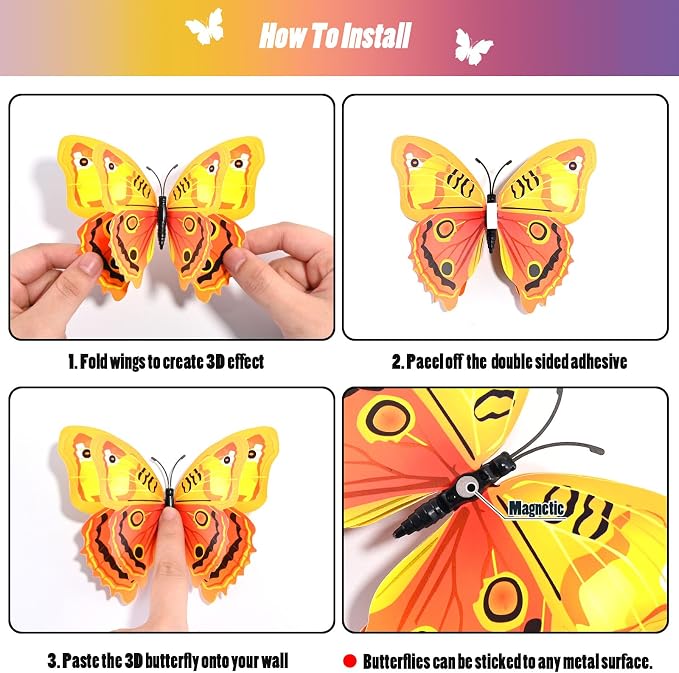 SAOROPEB 3D Butterfly Wall Decor, 48 Pcs Yellow Butterfly Decorations | Double Layer for Party Decorations Locker Decor Refrigerator Decal, Reusable - Image 7