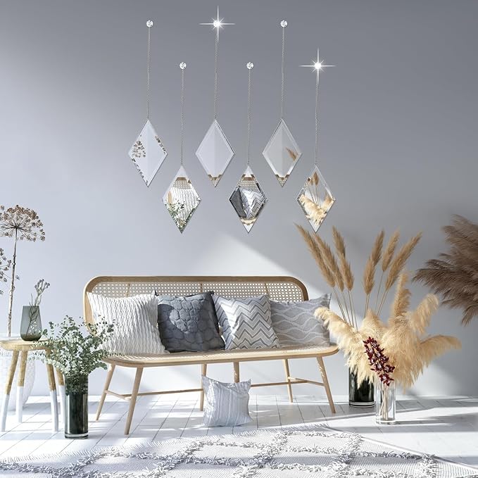 yshengood Diamond Wall Mirror Set of 6 Pcs, Silver Wall Decor Mirrors Small Glass Decor Wall Mirrors for Living Room and Bedroom Decoration - Image 4