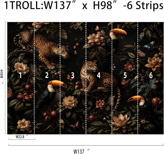 Dark Tropical Jungle Leopard Peel and Stick Wall Mural, Canvas Wallpaper | Large Removable Jungle Mural with Leopard, Toucan and Tropical Flowers for Living Room, Bedroom or Accent Wall Decor - Image 8