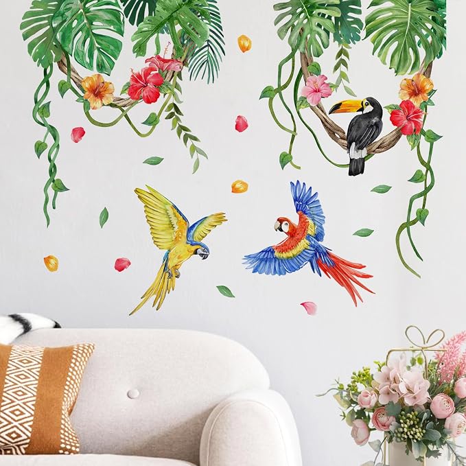 Yovkky Tropical Plant Birds Wall Decals Stickers, Monstera Palm Leaves | Parrot Toucan Home Bedroom Decor, Hanging Vines Hibiscus Flower Living Room Kitchen Decorations Art - Image 3