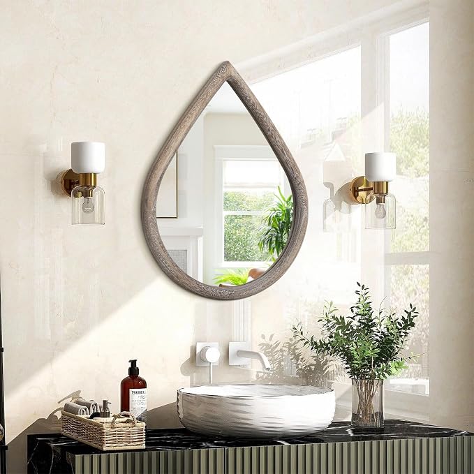 Small Mirror for Wall Solid Wood Bathroom Mirror Farmhouse Teardrop Wall Hanging Mirrors Decorative for Entryway Hallway Living Room Bedroom Retro Brown by FEUFOAM