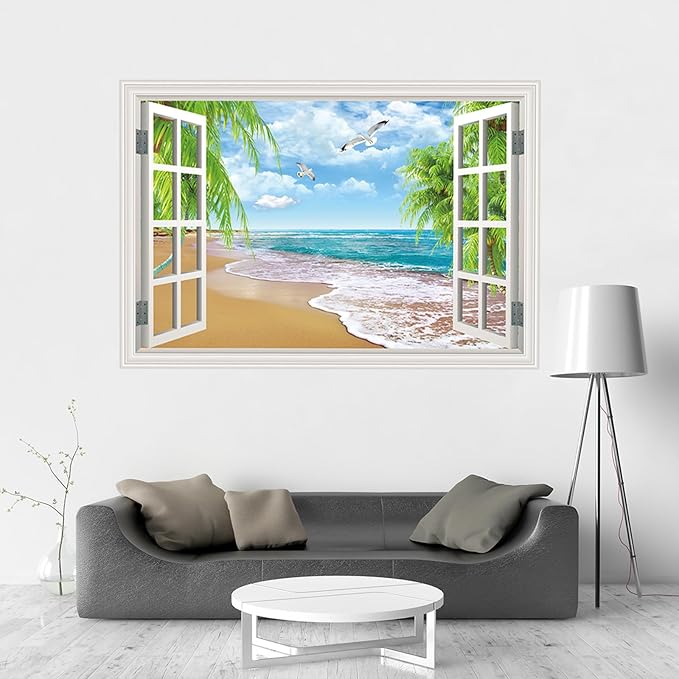 Fake Window Wall Decal- Summer Beach Ocean Coconut Trees Open Wall Sticker | Faux Window Natural Scenery Landscape Art Mural｜Stick and Peel Wall Decals｜for Room Bedroom Office Scene Picture Decor｜24"x16 - Image 9