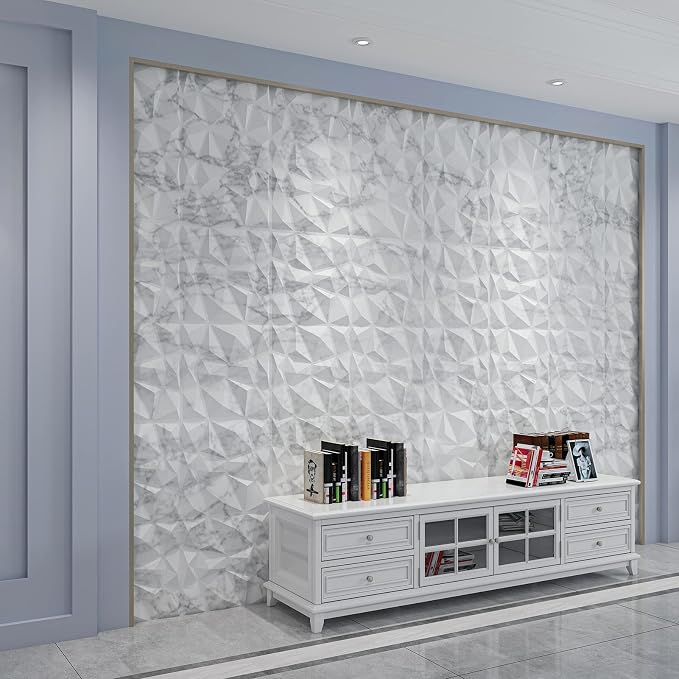 Art3d Textures 3D Wall Panels Glossy White Marble Diamond Design for Interior Wall Decor Pack of 12 Tiles 32 Sq Ft (PVC) - Image 2