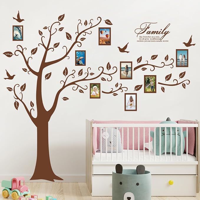 Large Family Photo Tree Wall Sticker 3D Peel and Stick Vinyl Photo Frame Tree Wall Decals Removable Quotes Leaf and Birds Wall Decor for Home Kids Bedroom Living Room Classroom Nursery (Right, Brown) - Image 3