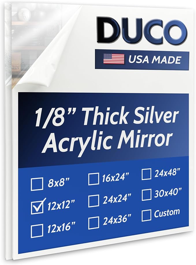 Duco USA-Made Acrylic Mirror Sheet 1/8 Inch Thick 12" x 12" (with Adhesives) - Pack of 2 Silver Frameless Plastic Mirror for Walls, Home Gyms, Bathrooms, & More - Shatter-Proof Mirrored Plexiglass by DucoPlasticsSupply