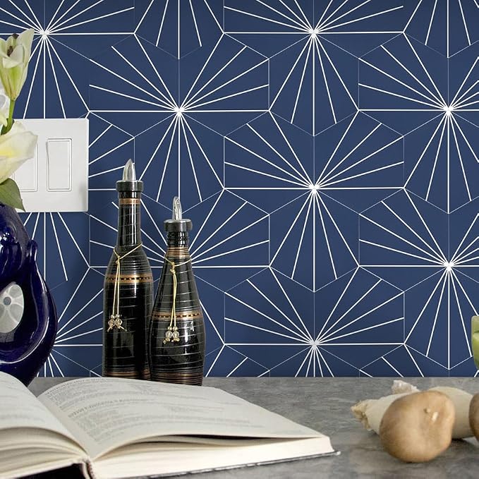 AULIGET Flower Vintage Hexagon Tile Peel and Stick Backsplash, 6"x7" Self Adhesive Wall Tiles in Blue (Pack of 45) - Image 4