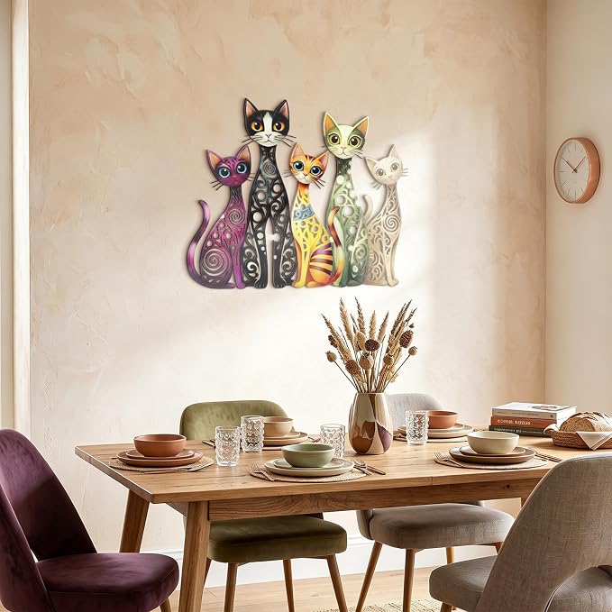 Wesiti Metal Cat Wall Decor Art 12x10 Inches Colorful Mid Century | Iron Wall Sculptures with Hollow Carved Design, For Cats Lovers, Living Room Bedroom Kitchen Office Decor, Retro Home Art - Image 5