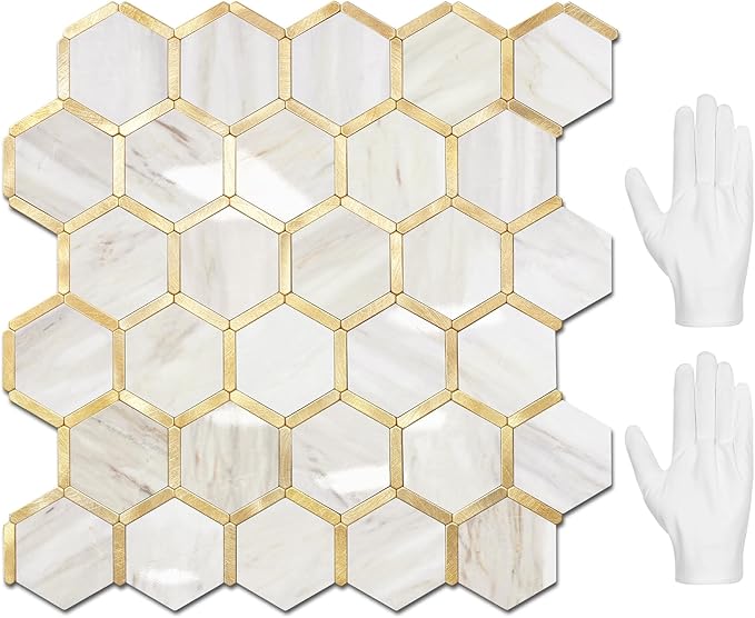 STICKGOO Hexagon Peel and Stick Backsplash Tile, Stick on Backsplash for Kitchen and Bathroom, Glossy Eurasian Wood Grain PVC Mixed Metal Gold Self Adhesive Wall Tiles(10 Sheets, Seamless) by STICKGOO