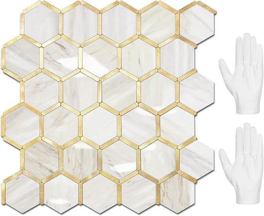 STICKGOO Hexagon Peel and Stick Backsplash Tile, Stick on Backsplash for Kitchen and Bathroom, Glossy Eurasian Wood Grain PVC Mixed Metal Gold Self Adhesive Wall Tiles(10 Sheets, Seamless) by STICKGOO
