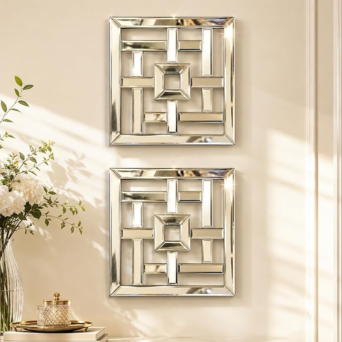 Square Decorative Wall Mirror 12 x 12 Inch, Silver Frameless Mirror Wall Decor with Beveled Edge, Modern Wall Mounted Accent Mirror for Living Room, Bedroom, Hallway, Set of 2 by OPULINEA