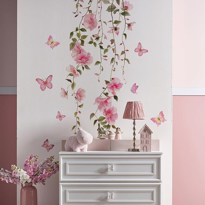 Spring Pink Flower Wall Decals Peel and Stick Hanging Vine Floral Wall Stickers Decor Removable Wall Murals for Girls Bedroom Living Room Nursery Vinyl Cherry Blossom Wallpaper by SWORNADecorationLLC