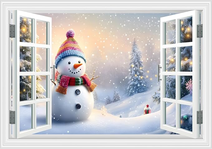 Fake Window Wall Decal - Merry Christmas Snowman Conifer Snow Scene Sticker | ｜Faux Window Merry Christmas Wall Art Mural ｜ Stick and Peel Wall Decals｜for Xmas Room Bedroom Office Picture Decor｜24"x16" by Clickhere