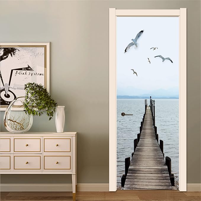 artfanke 3D Peel and Stick Door Sticker 33.5"x84.6"-Self-Adhesive Door Wallpaper Murals Decal-Wood Bridge Birds Wall Poster for Bedroom Home Decor (2 Sheets/Set) - Image 4