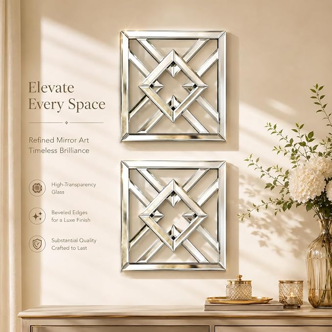 Square Decorative Wall Mirror 12 x 12 Inch, Silver Frameless Mirror Wall Decor with Beveled Edge, Modern Wall Mounted Accent Mirror for Living Room, Bedroom, Hallway, Set of 2 - Image 3